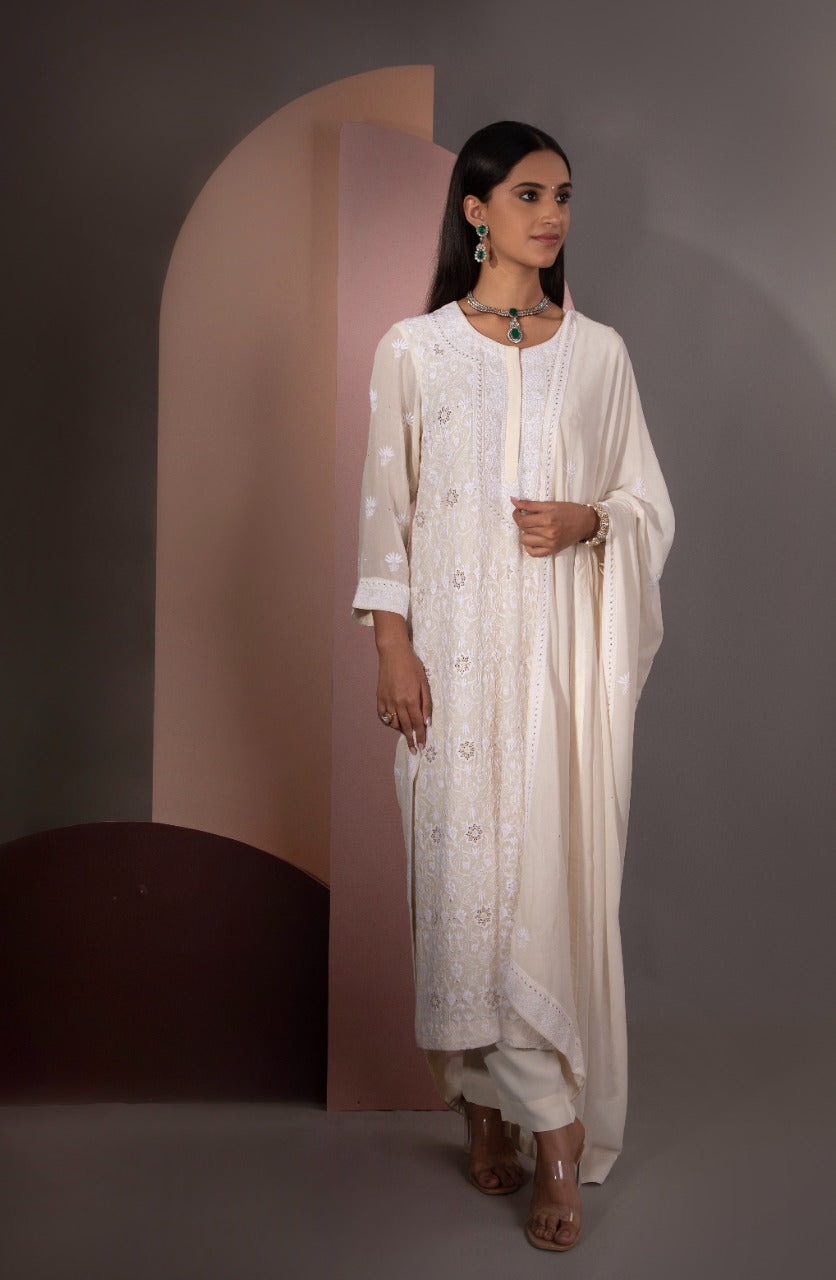 Ivory Chikankari Jaal Kurta and Dupatta Set