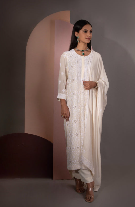 Ivory Chikankari Jaal Kurta and Dupatta Set