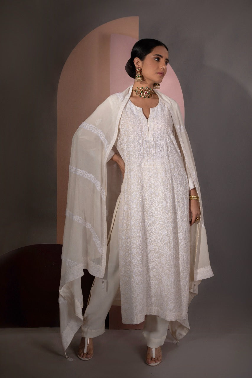 Ivory Chikankari Jaal Kurta and Dupatta Set