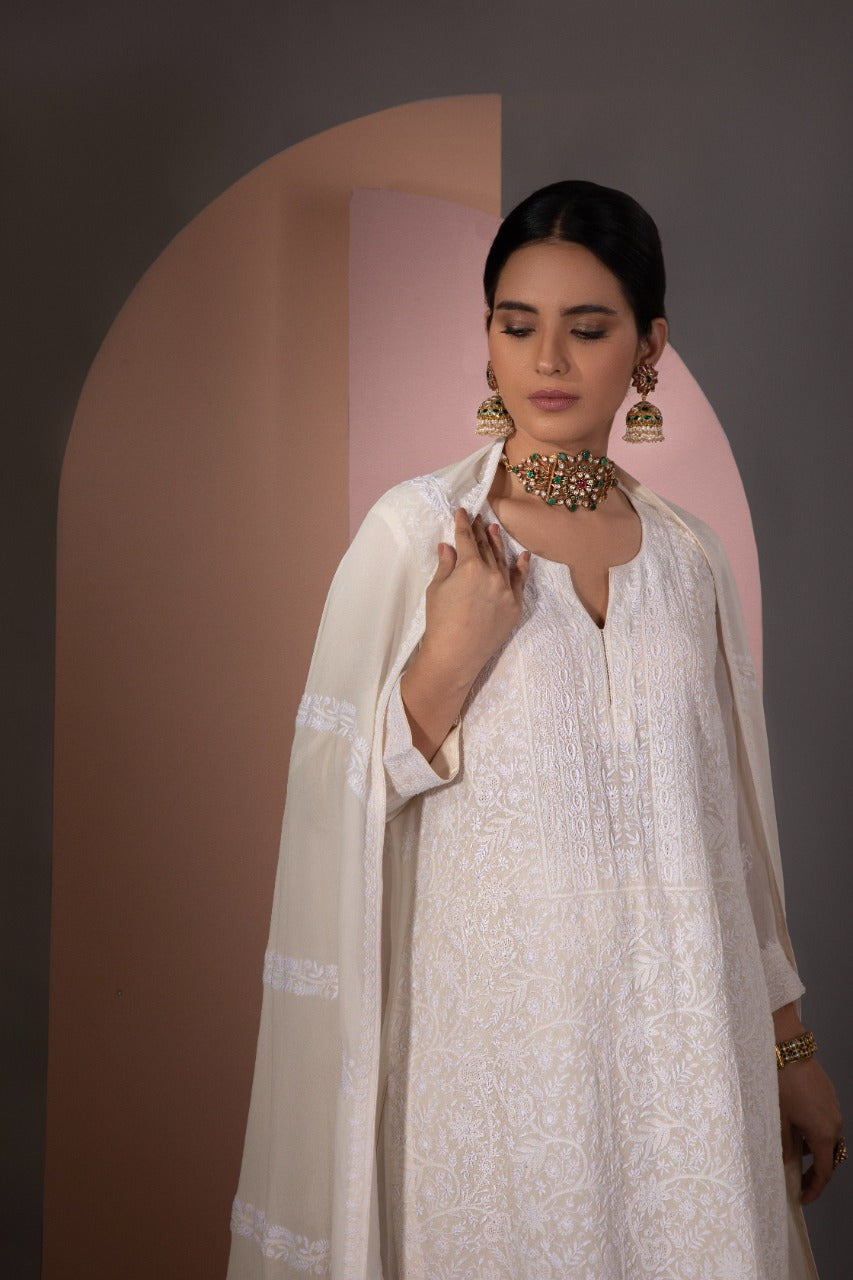 Ivory Chikankari Jaal Kurta and Dupatta Set