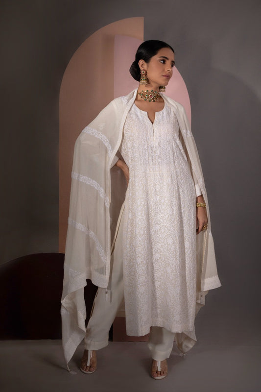 Ivory Chikankari Jaal Kurta and Dupatta Set