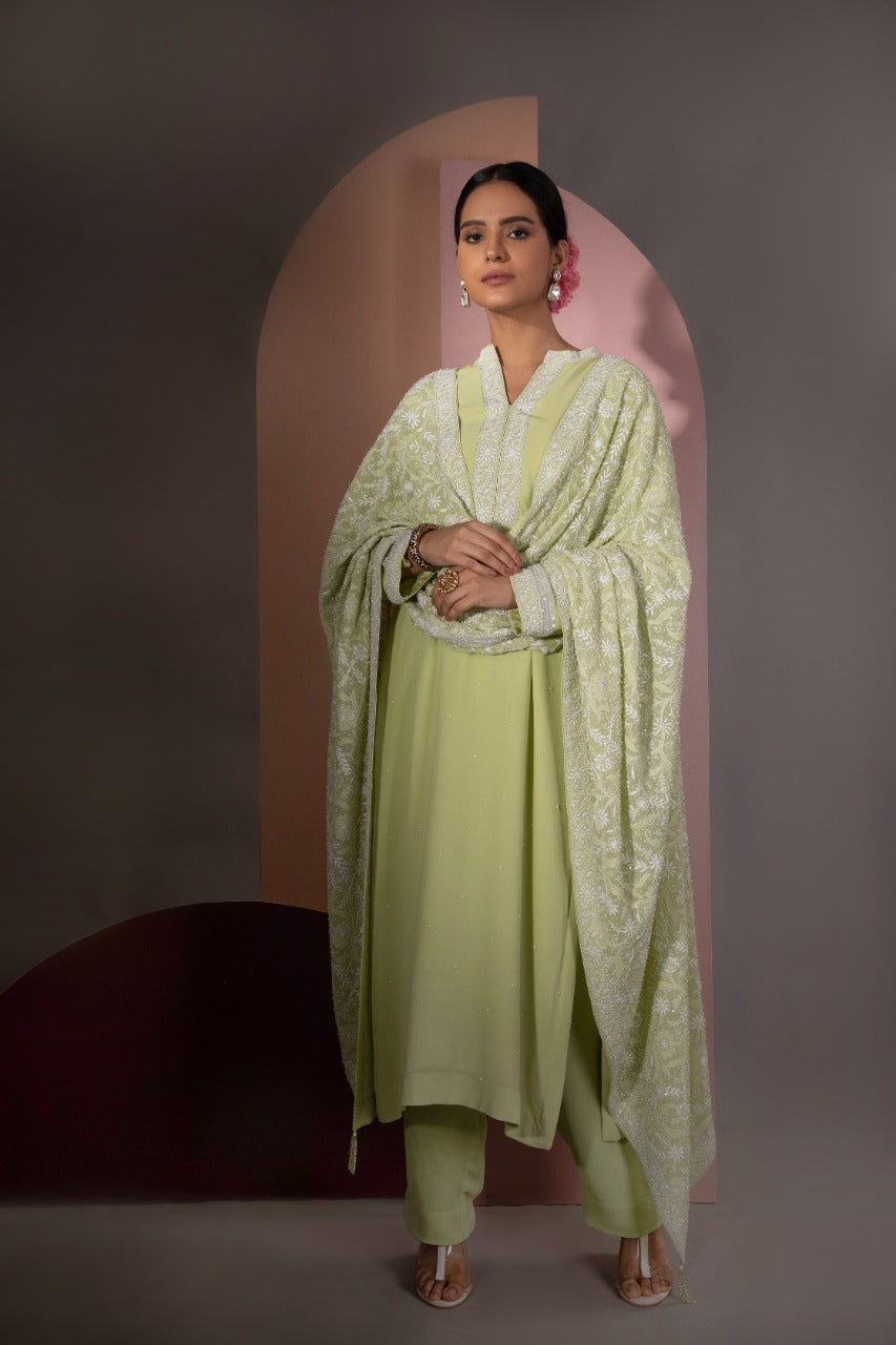 Green Chikankari Jaal Dupatta and Kurta Set