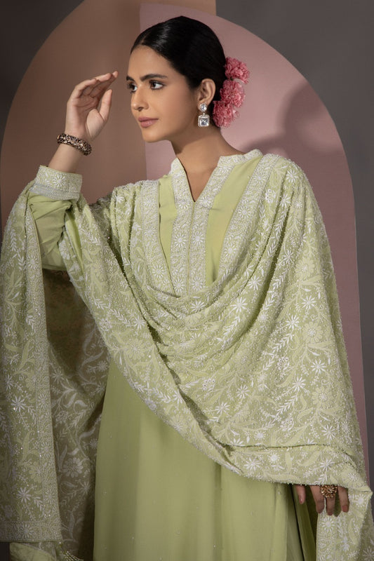 Green Chikankari Jaal Dupatta and Kurta Set