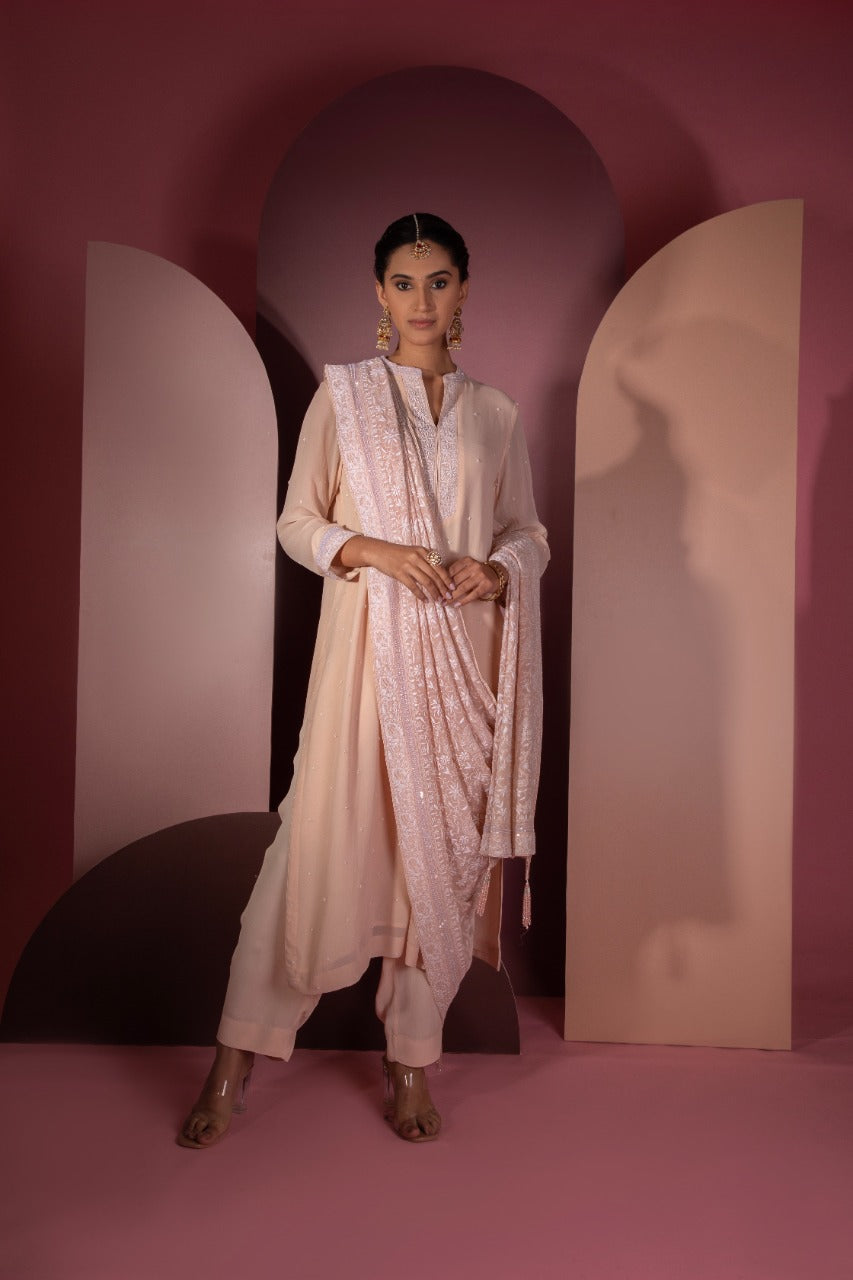 Peach Chikankari Jaal Dupatta and Kurta Set