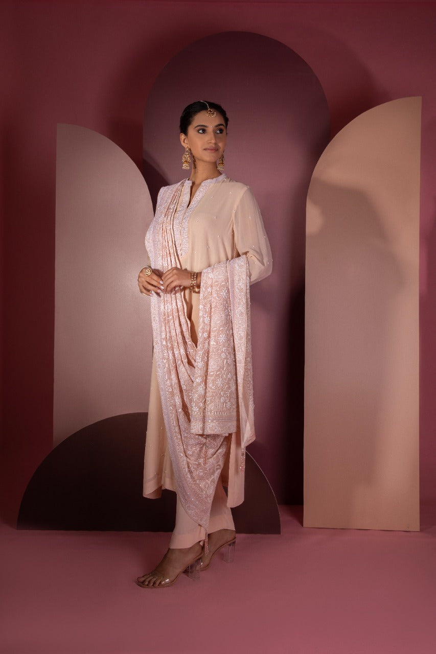 Peach Chikankari Jaal Dupatta and Kurta Set