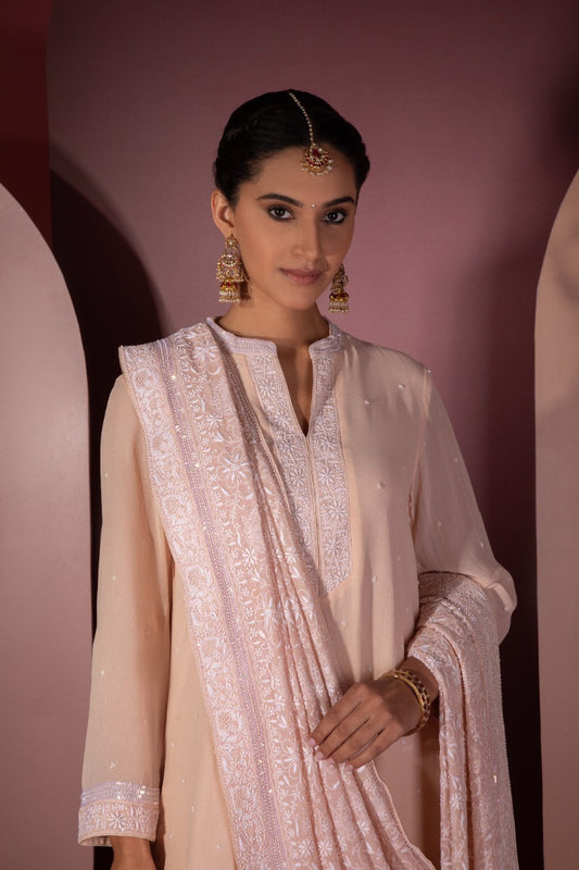 Peach Chikankari Jaal Dupatta and Kurta Set