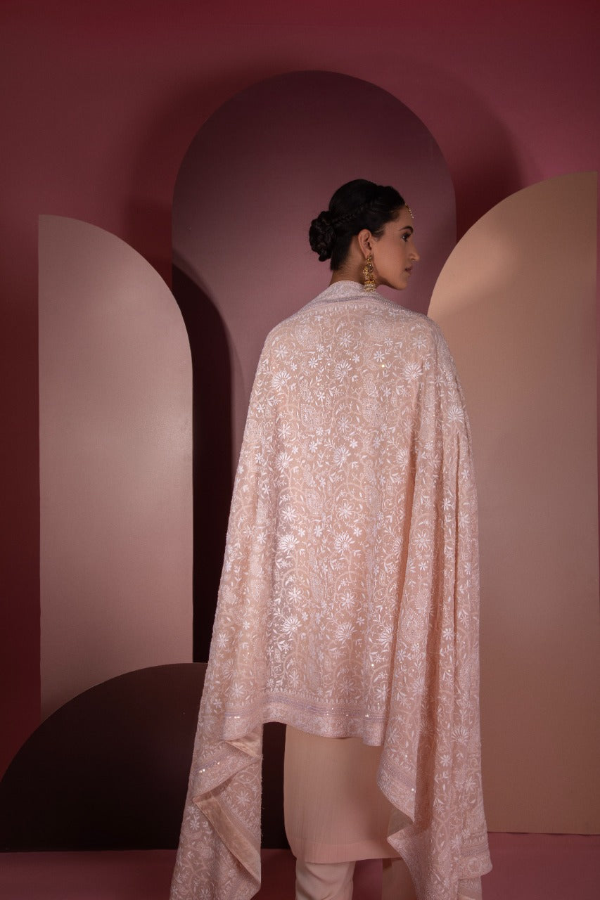 Peach Chikankari Jaal Dupatta and Kurta Set