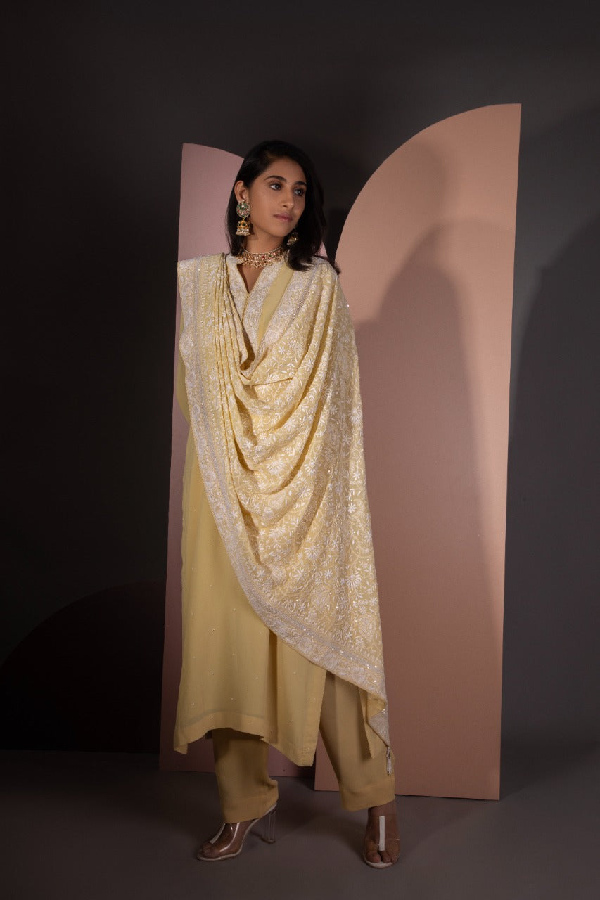 Yellow Chikankari Jaal Dupatta and Kurta Set