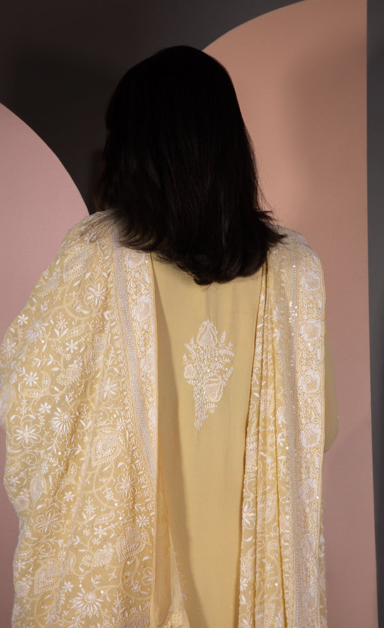 Yellow Chikankari Jaal Dupatta and Kurta Set