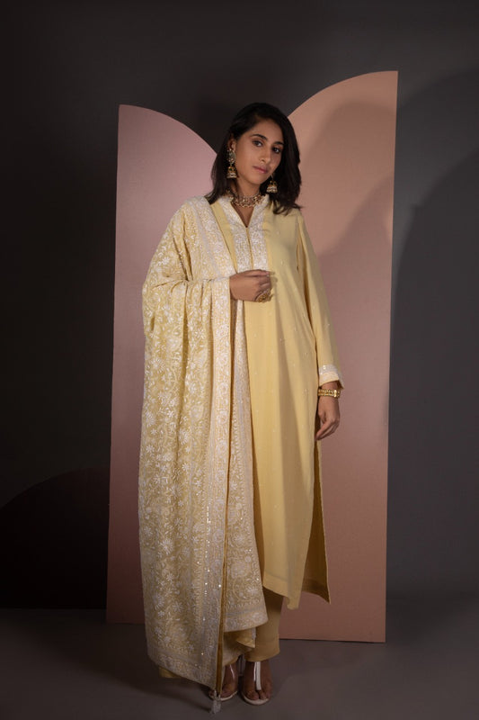 Yellow Chikankari Jaal Dupatta and Kurta Set