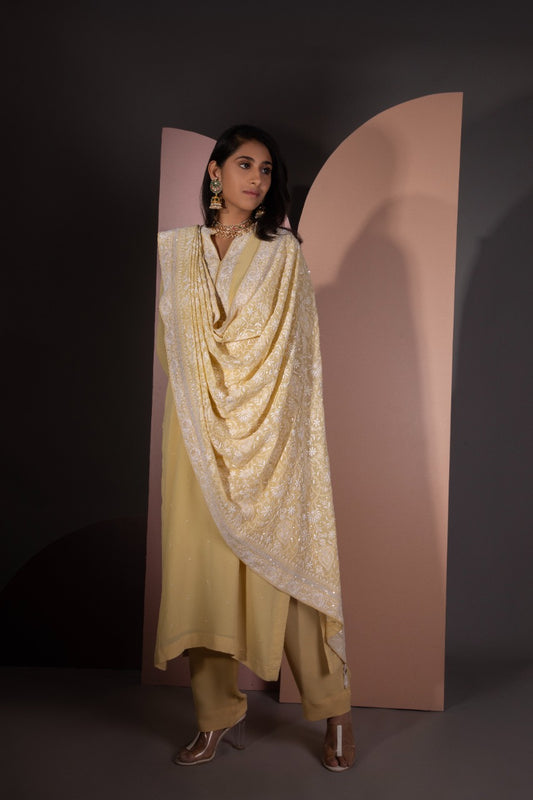 Yellow Chikankari Jaal Dupatta and Kurta Set