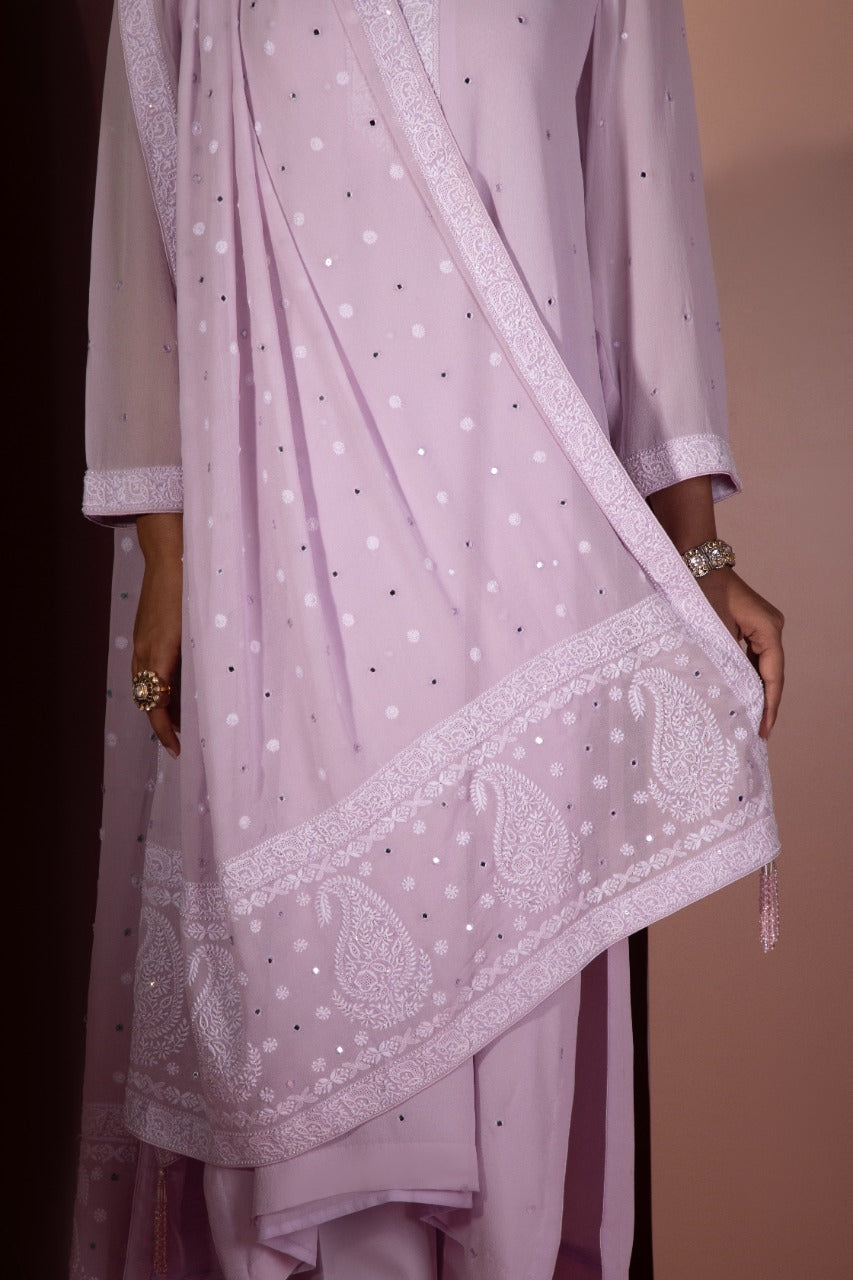 Lilac Chikankari and Mirror work Dupatta and Kurta Set