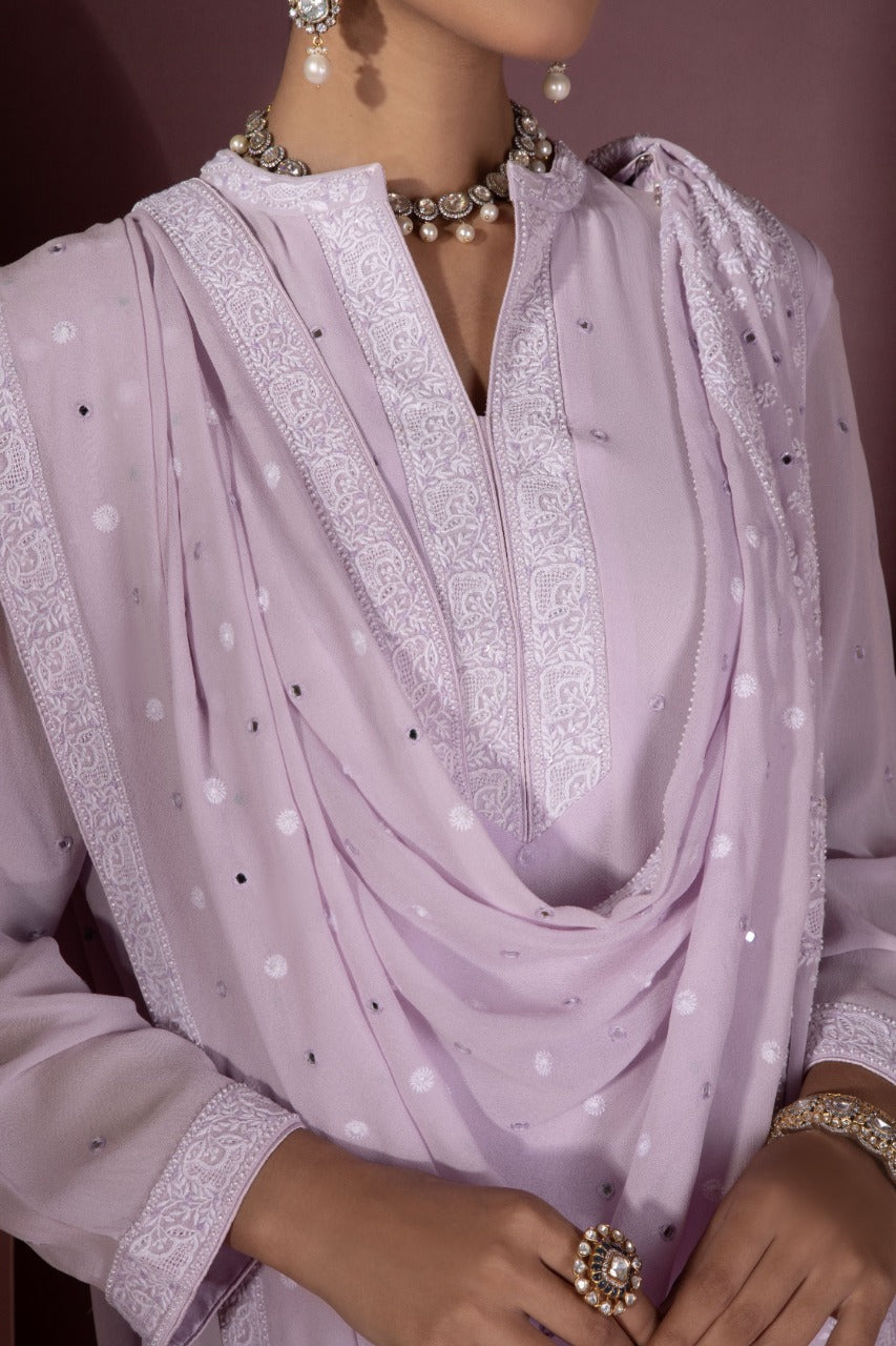 Lilac Chikankari and Mirror work Dupatta and Kurta Set