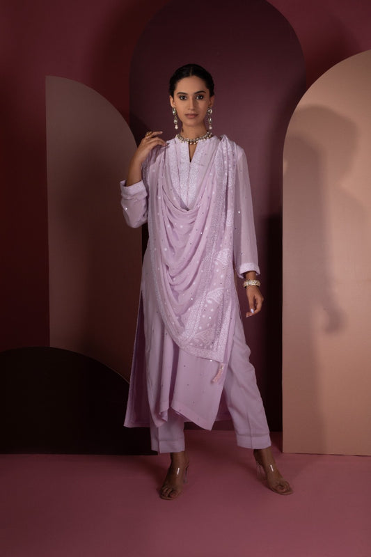 Lilac Chikankari and Mirror work Dupatta and Kurta Set