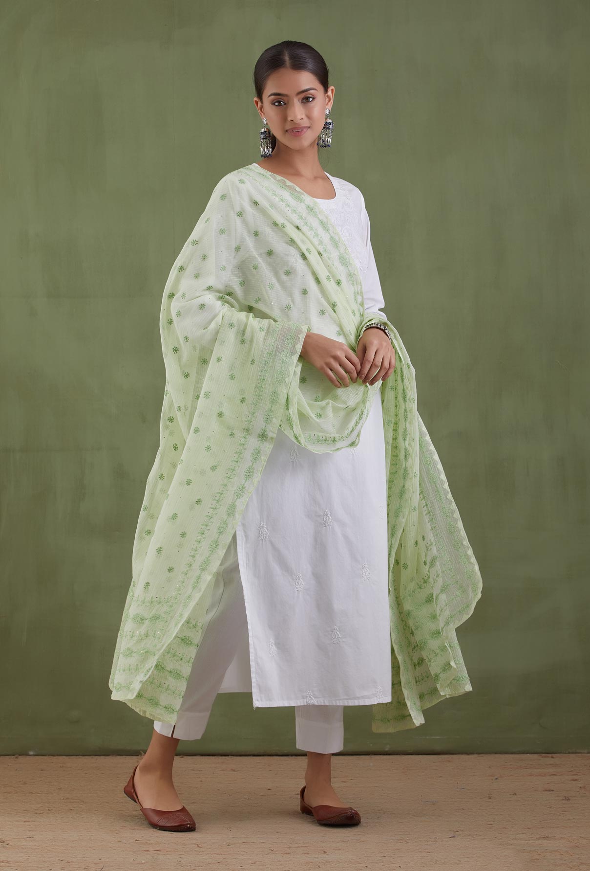 Green Kota Doria Chikankari Dupatta