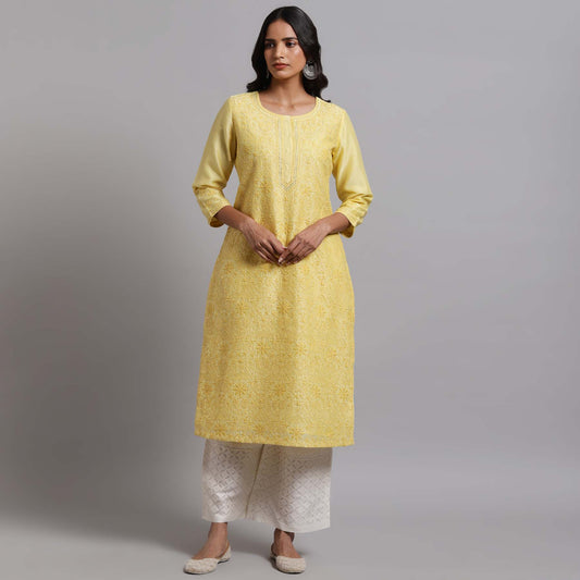 Chikankari Jaal kurta- Yellow