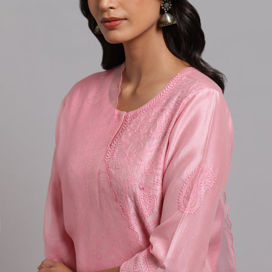 Chikankari Pink Jaal Kurta