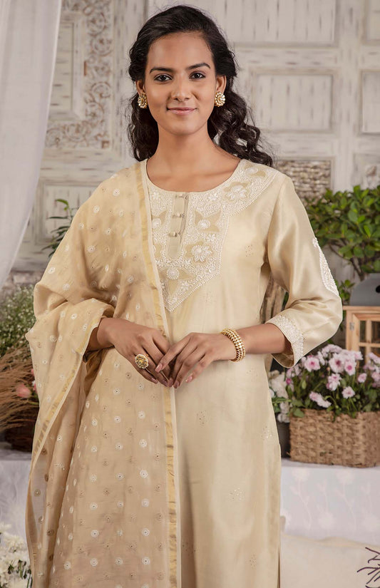 Chikankari Keel Jaal Dupatta- Beige
