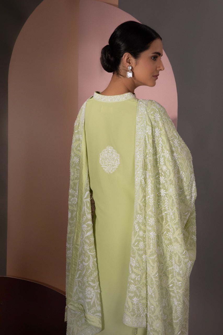 Green Chikankari Jaal Dupatta and Kurta Set